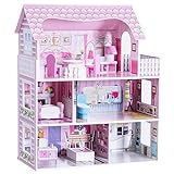 COSTWAY Casa delle Bambole in Legno per Bambina Giocattolo dei Bambini 3 Piani con Mobili e...