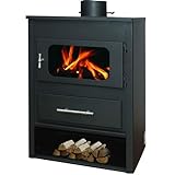 Stufa a Legna in Acciaio 6.9-11 kW Roma con Vetro Ceramico Ampia vista fuoco Portalegna